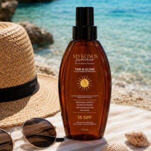 MYKONOS SUMMER TAN AND GLOW HUILE DE BRONZAGE PROTECTRICE 15 SPF 150ML