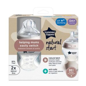TOMMEE TIPPEE NAURAL START PACK DE 2 BIBERON ANTI COLIC 0 MOIS+ DEBIT LENT 260 ML BLANC