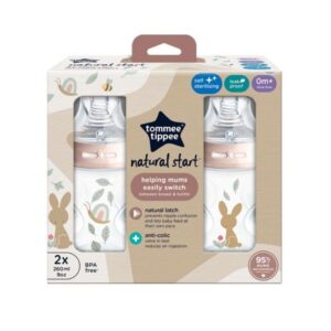 TOMMEE TIPPEE NAURAL START PACK DE 2 BIBERON ANTI COLIC 0 MOIS+ DEBIT LENT 260 ML ROSE